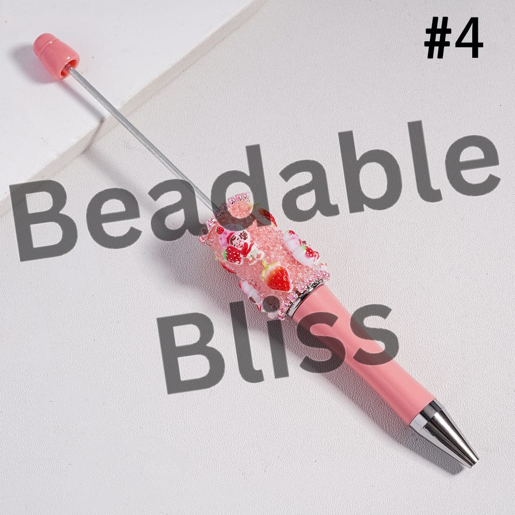 Sugar Beadable Pen with Cute Strawberry Girl Series, Pink Pearls Chains and Clear Rhinestones