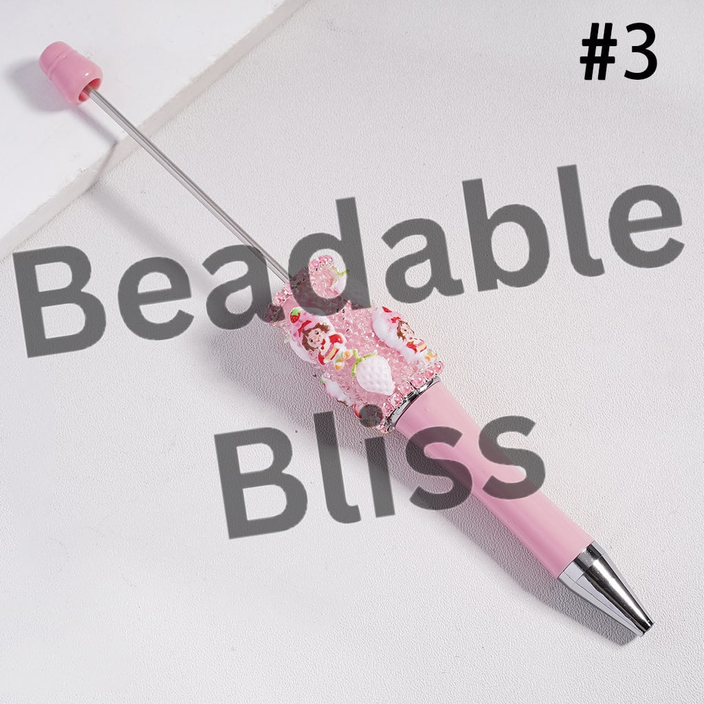 Sugar Beadable Pen with Cute Strawberry Girl Series, Pink Pearls Chains and Clear Rhinestones