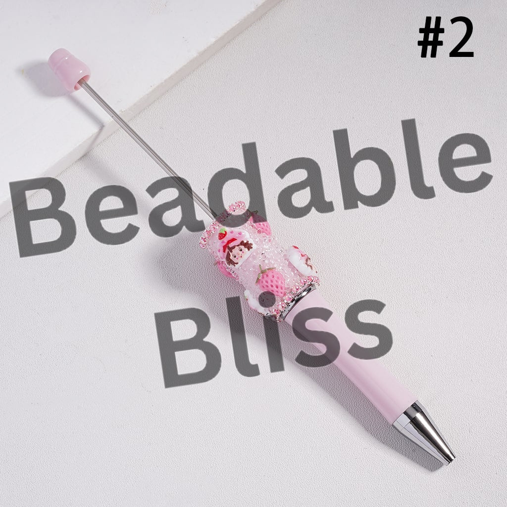 Sugar Beadable Pen with Cute Strawberry Girl Series, Pink Pearls Chains and Clear Rhinestones