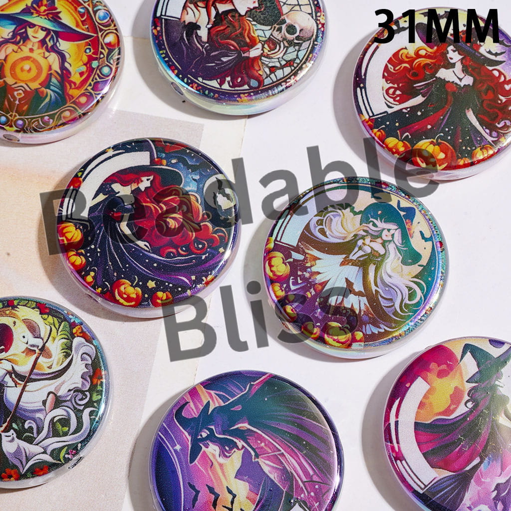 UV-Coated Acrylic Beads with Witch Series, Flat Round Shape, 31MM Random Mix