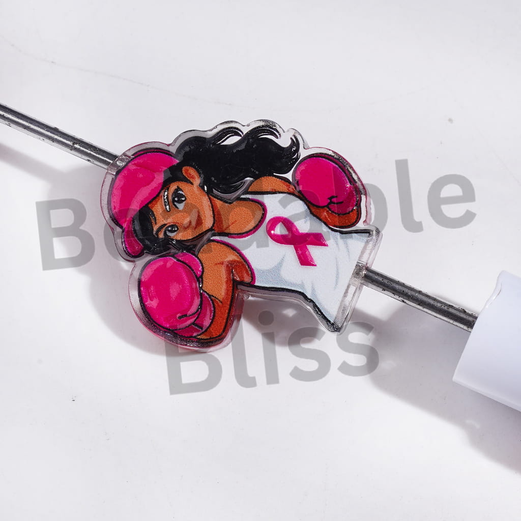 Semi-Clear Acrylic Beads Pancreatic Cancer Awarenss in Rose Pink Series, Silk Ribbon Bowtie Pattern, Random Mix