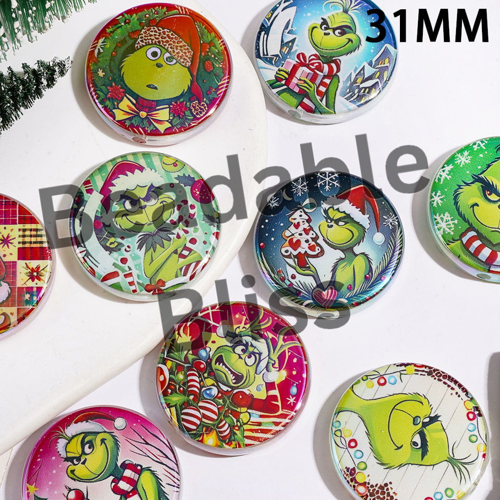Funny Christmas Green Character Series UV Coating Acrylic Beads, 31MM, Flat Round Shape, Random Mix