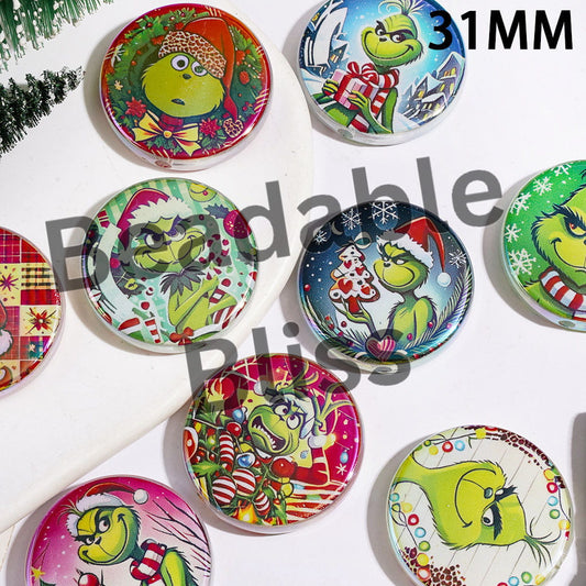 Funny Christmas Green Character Series UV Coating Acrylic Beads, 31MM, Flat Round Shape, Random Mix