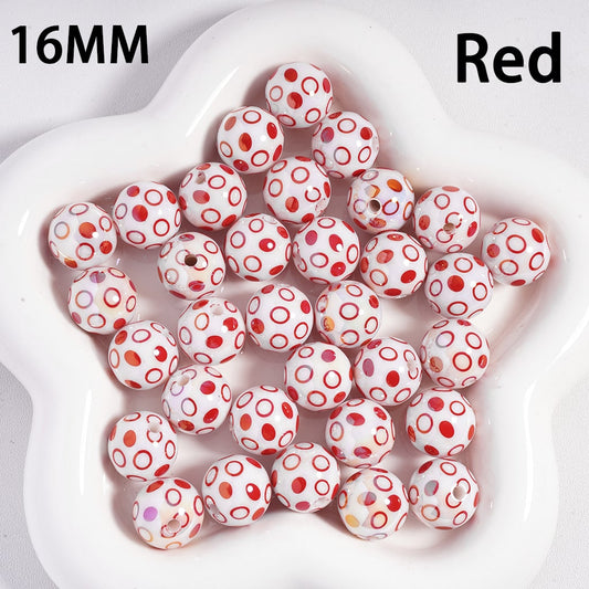Red and white polka dot beads on a white dish with '16MM' and 'Red' text.
