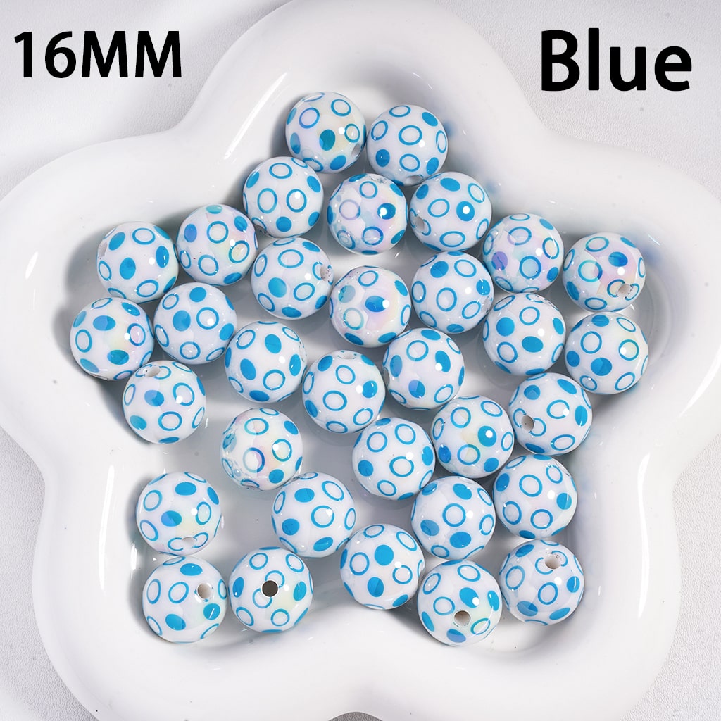 Acrylic Beads UV Coating, Polka Dots over White Background, Multi-Color, 16MM