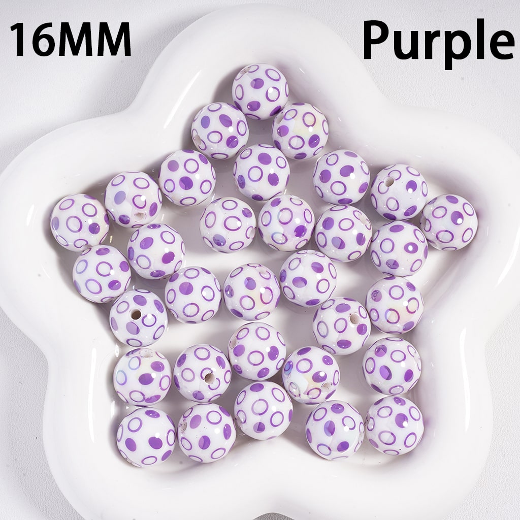 Acrylic Beads UV Coating, Polka Dots over White Background, Multi-Color, 16MM