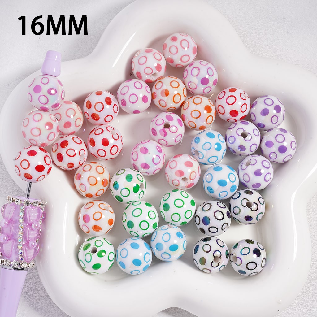 Acrylic Beads UV Coating, Polka Dots over White Background, Multi-Color, 16MM