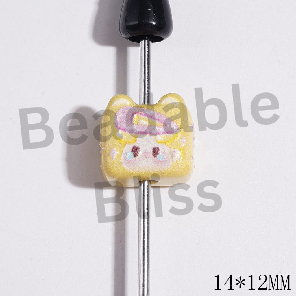 Cat Head Shape with Cry Baby Girl and Hair Clip Patterns Acrylic Beads, 14*12MM, Random Mix