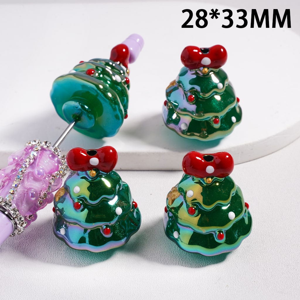 Acrylic Beads UV Coating Glittery Christmas Tree with Bowtie Star Polka Dots, 28*33MM, Multi-Color