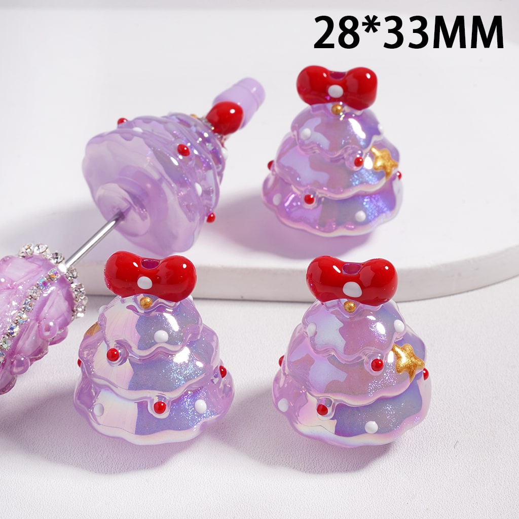 Acrylic Beads UV Coating Glittery Christmas Tree with Bowtie Star Polka Dots, 28*33MM, Multi-Color