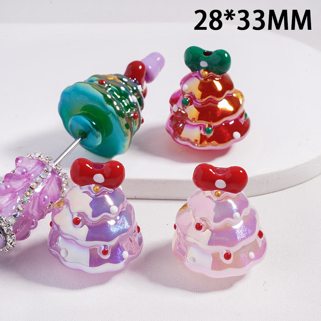 Acrylic Beads UV Coating Glittery Christmas Tree with Bowtie Star Polka Dots, 28*33MM, Multi-Color