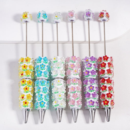 Beadable Clay Pen with Assorted Colors Flowers and White Pearls, Transparent Color, Random Mix