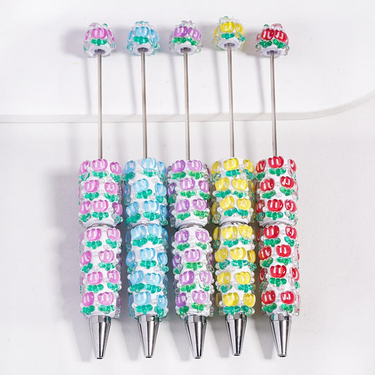 Beadable Clay Pen with Assorted Colors Tulip Flowers and White Pearls, Transparent Color, Random Mix