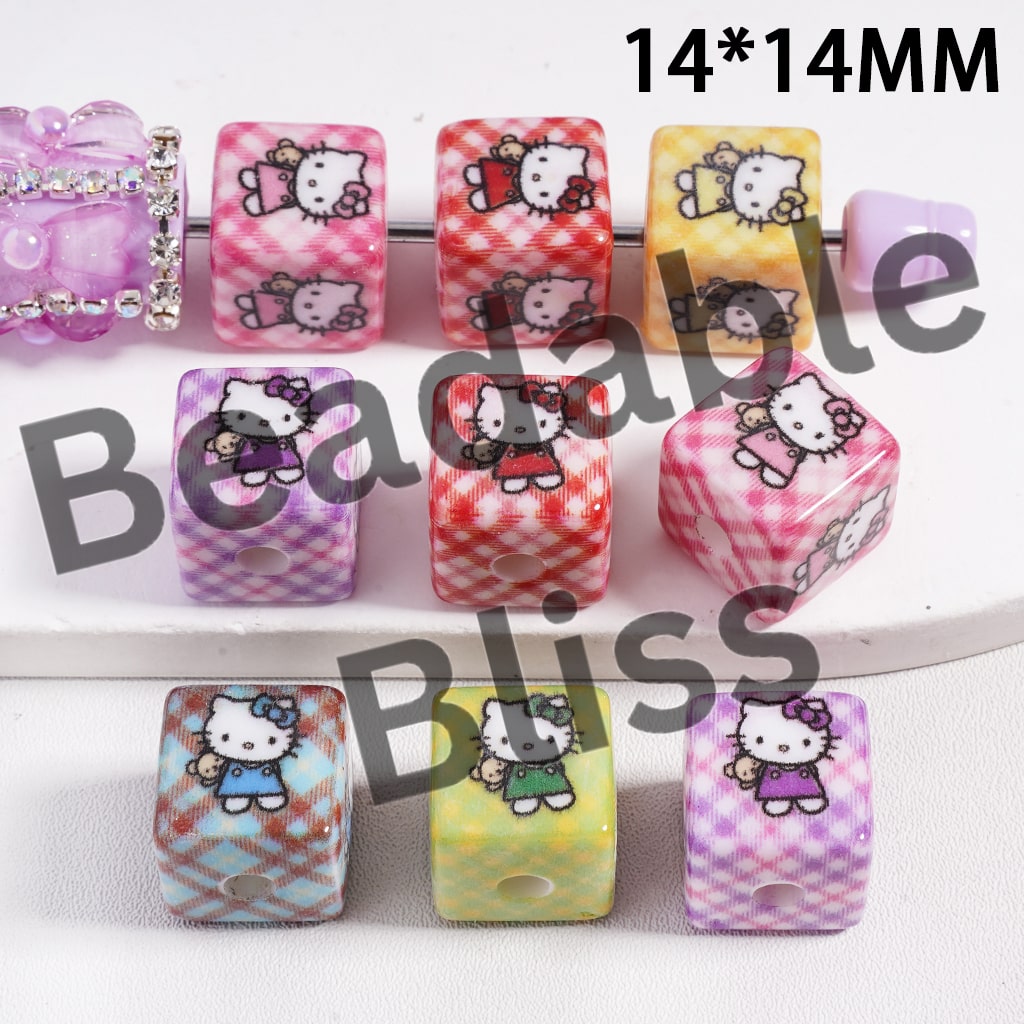 Acrylic Beads Cute Cat over Checkered Pattern, Cube Square Shape, 14*14MM, Random Mix