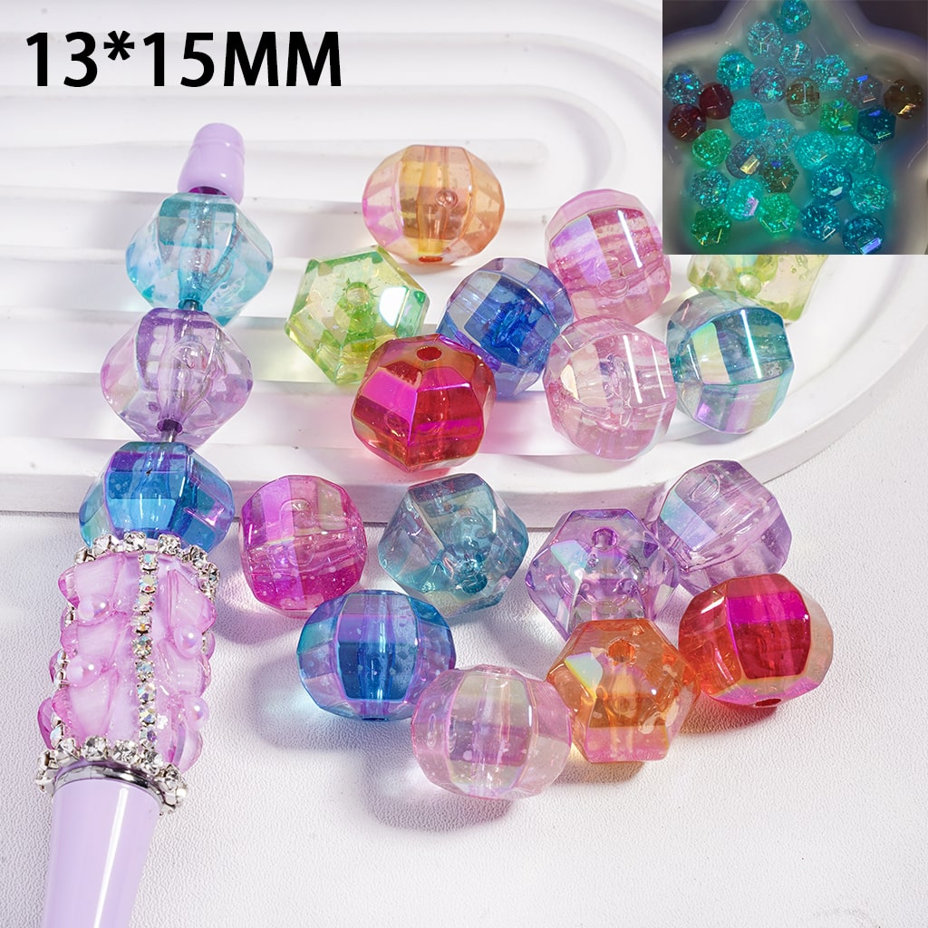 Acrylic Beads Luminous UV Coating w Small Shell Flakes, Lantern Shape, Transparent, 13*15MM, Random Mix