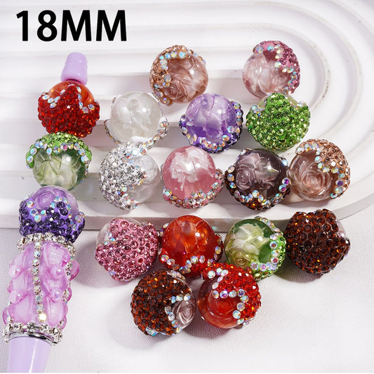 Clear Acrylic Beads in Clay Flower Calyx Covered by Shiny Rhinestones, Two Rose Flowers Inside Bead, 18MM, Random Mix (It's a little hard to stick into the pen pole)
