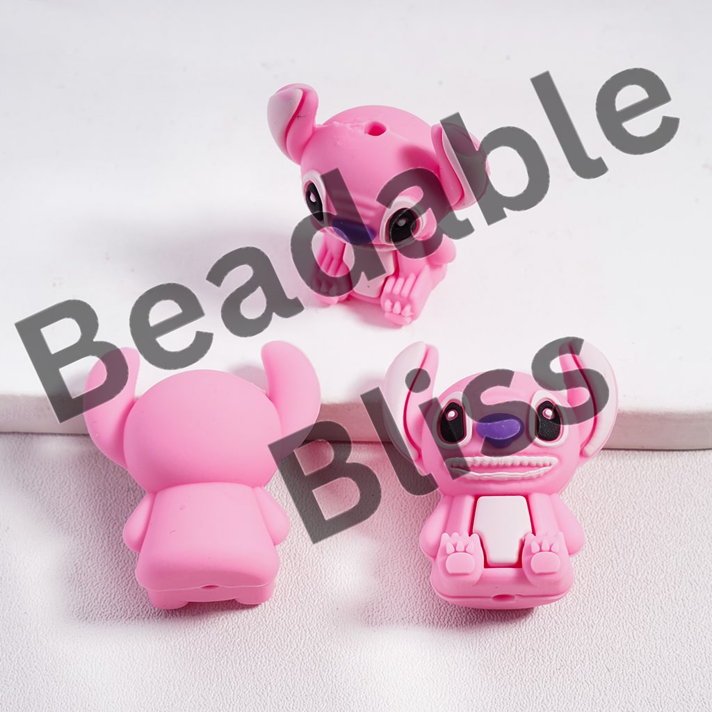 Silicone Focal Beads 3D Pink Monster Character, Cute Big Eye, Sitting