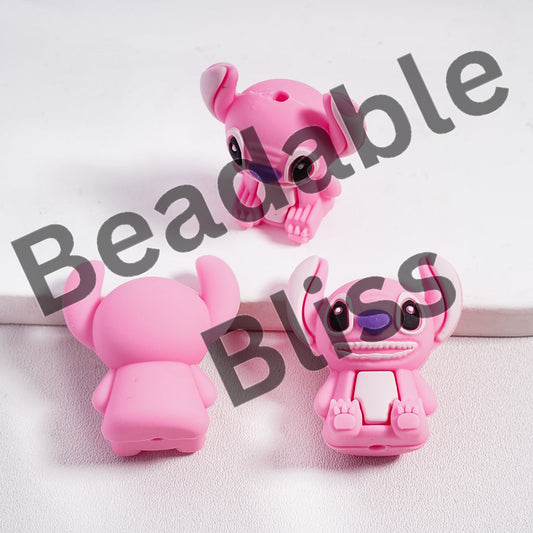 Silicone Focal Beads 3D Pink Monster Character, Cute Big Eye, Sitting