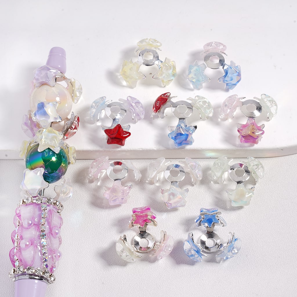 Alloy Bead Cages, Bead Cap in Silver Color, Glossy Stars, Transparent Color, Random Mix (Please Read the Description)