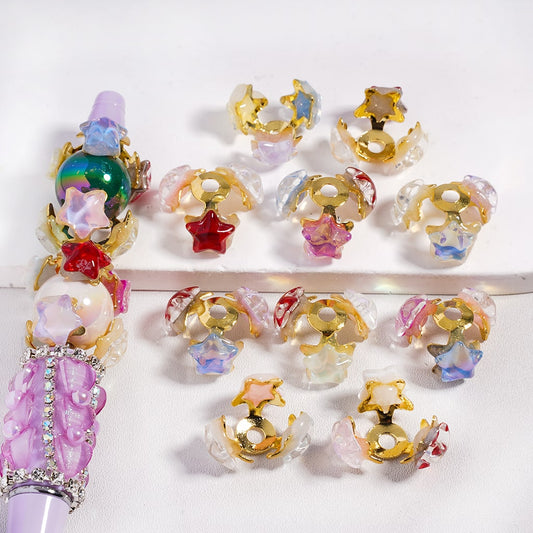 Alloy Bead Cages, Bead Cap in Gold Color, Glossy Stars, Transparent Color, Random Mix (Please Read the Description)