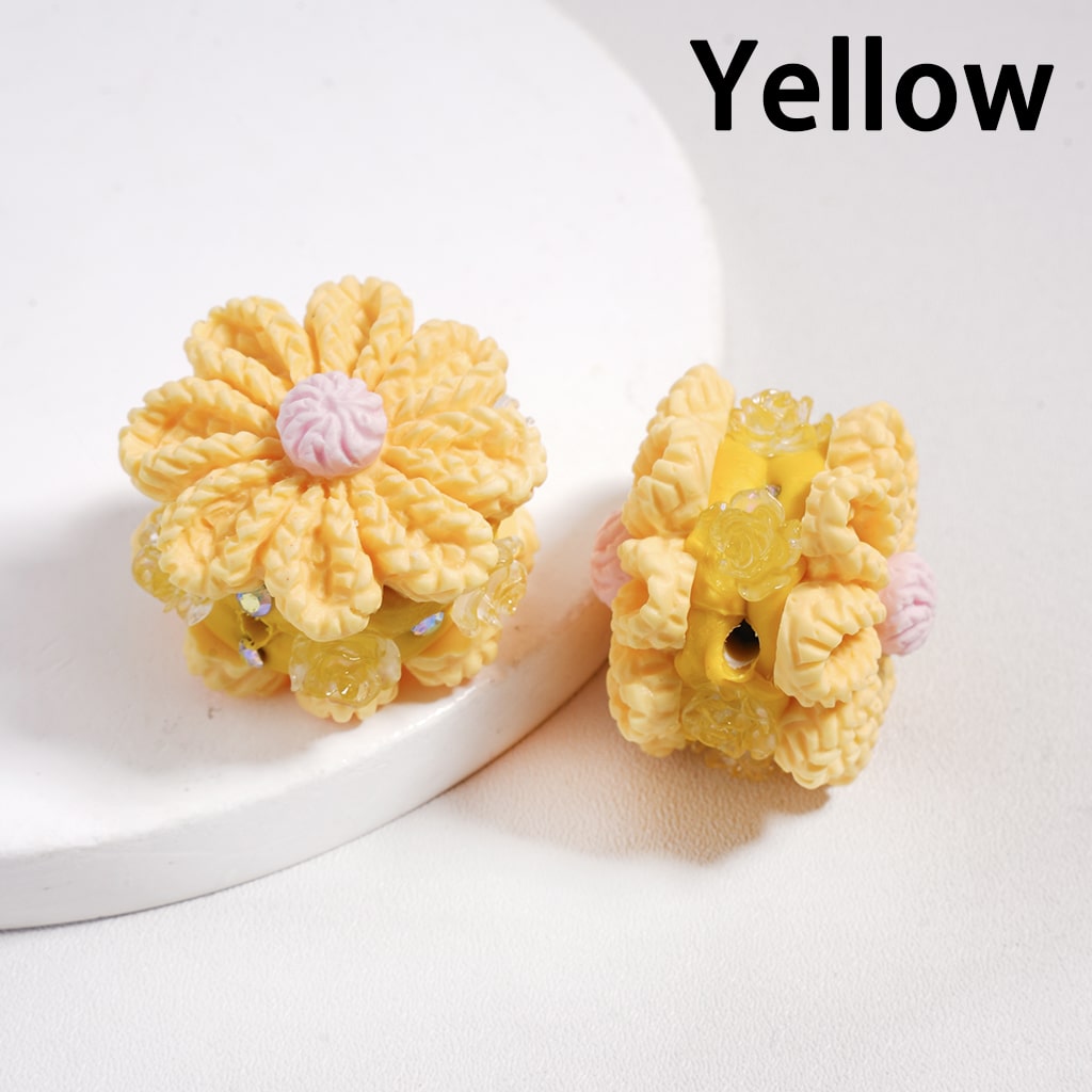 Clay Beads Solid Colored Flower with Knit Patterns and Clear Rose Flowers, AB Rhinestones, 23*28MM, Multi-Color