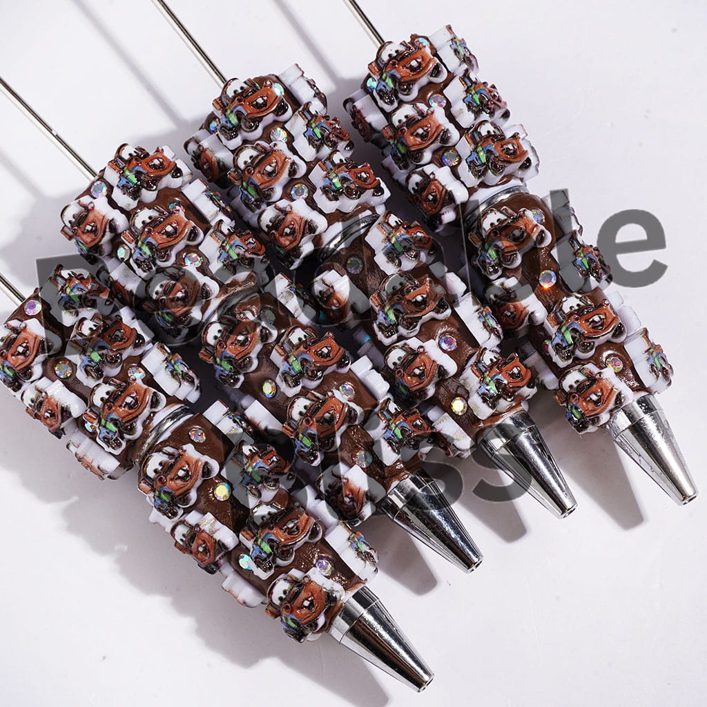 Beadable Clay Pens with Sports Car Character and AB Rhinestones on Brown Background