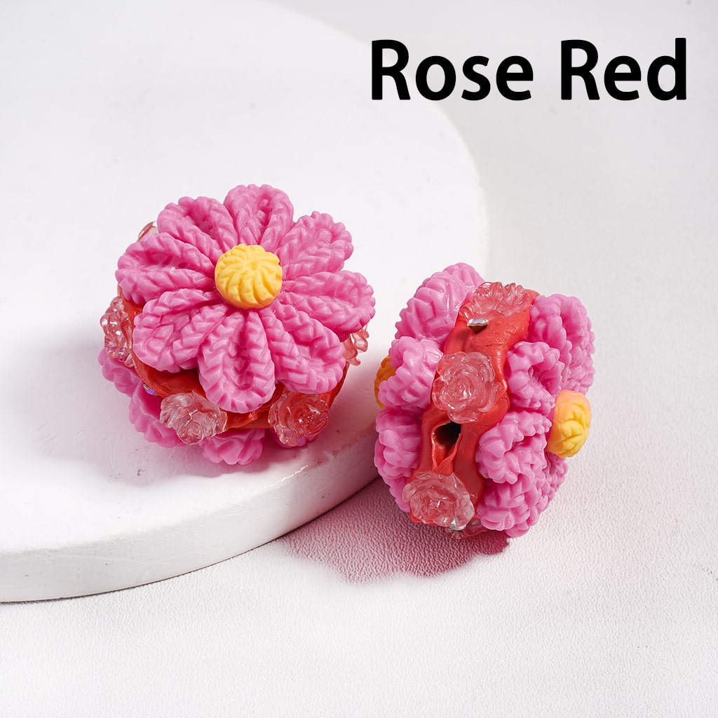 Clay Beads Solid Colored Flower with Knit Patterns and Clear Rose Flowers, AB Rhinestones, 23*28MM, Multi-Color