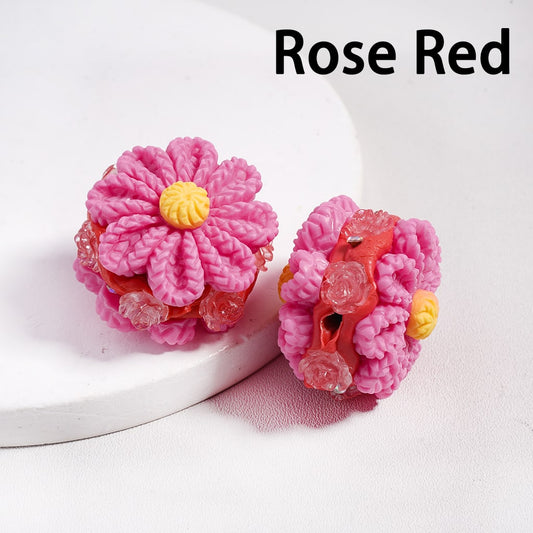 Pink flower-shaped earrings with a yellow center on a white background, labeled 'Rose Red'.

