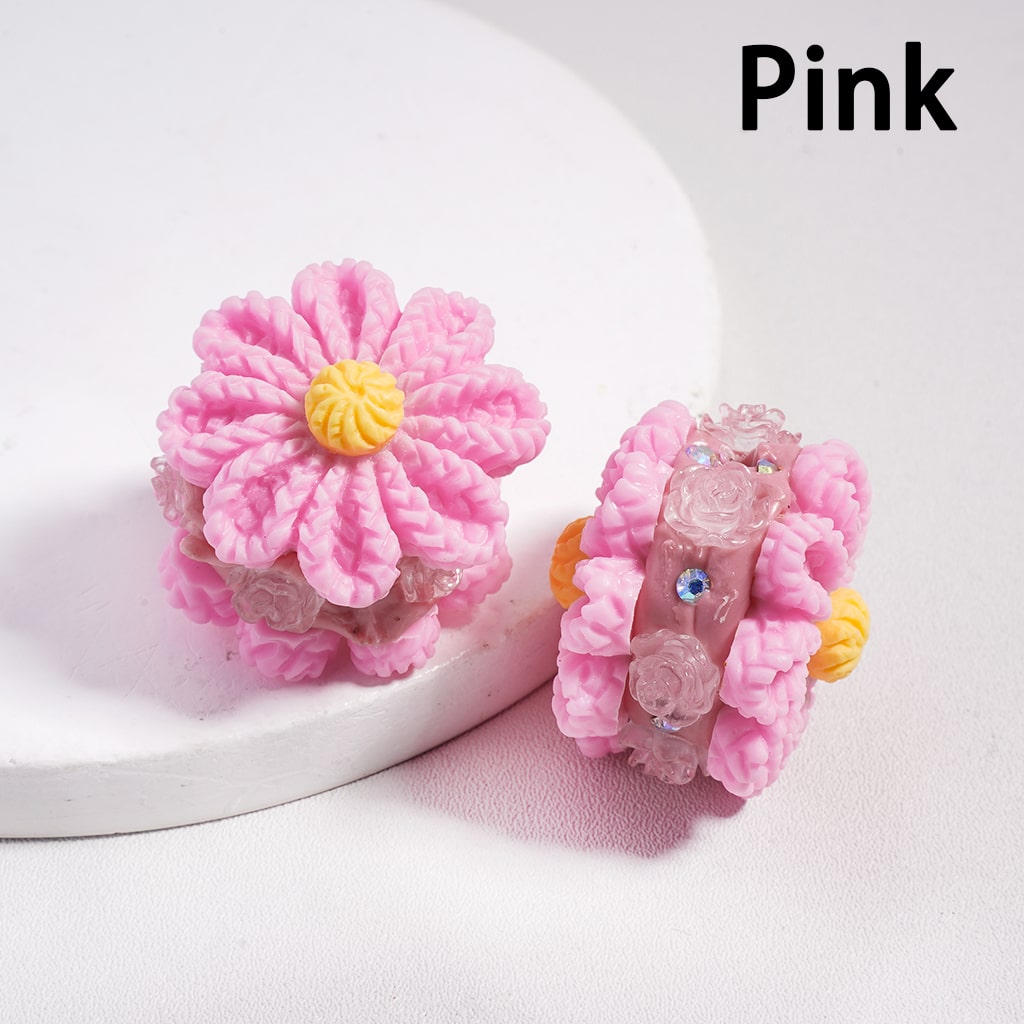 Clay Beads Solid Colored Flower with Knit Patterns and Clear Rose Flowers, AB Rhinestones, 23*28MM, Multi-Color