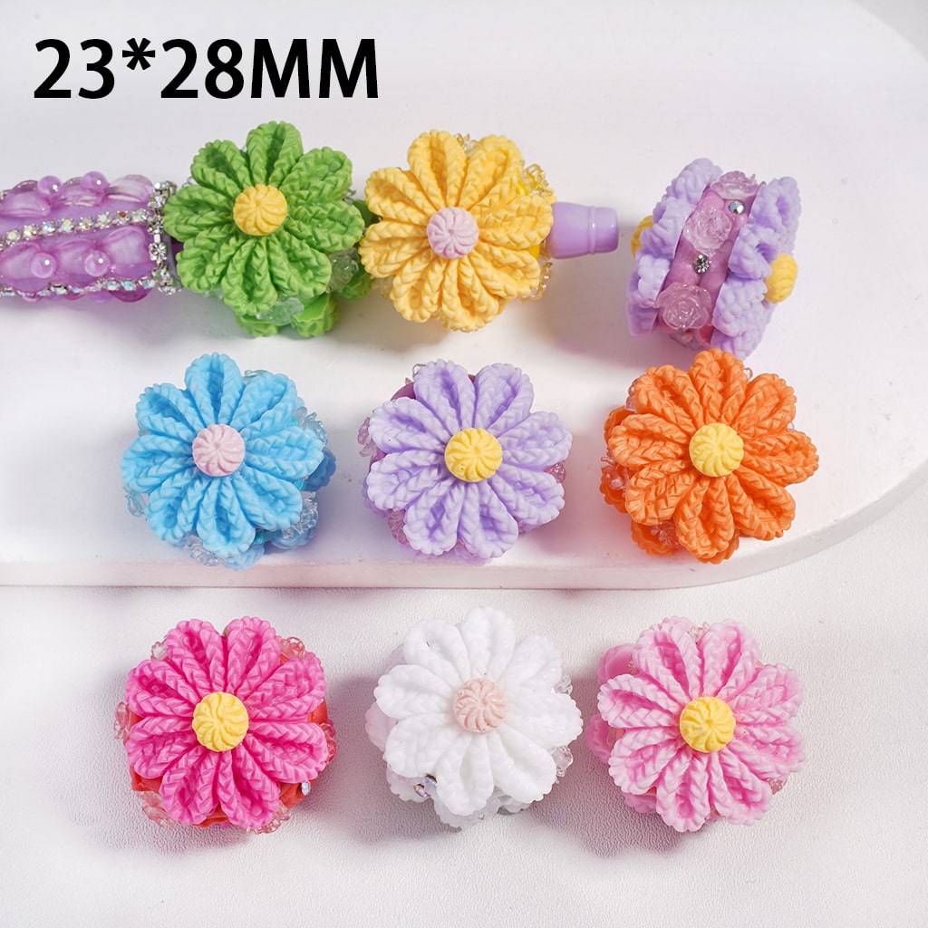 Clay Beads Solid Colored Flower with Knit Patterns and Clear Rose Flowers, AB Rhinestones, 23*28MM, Multi-Color