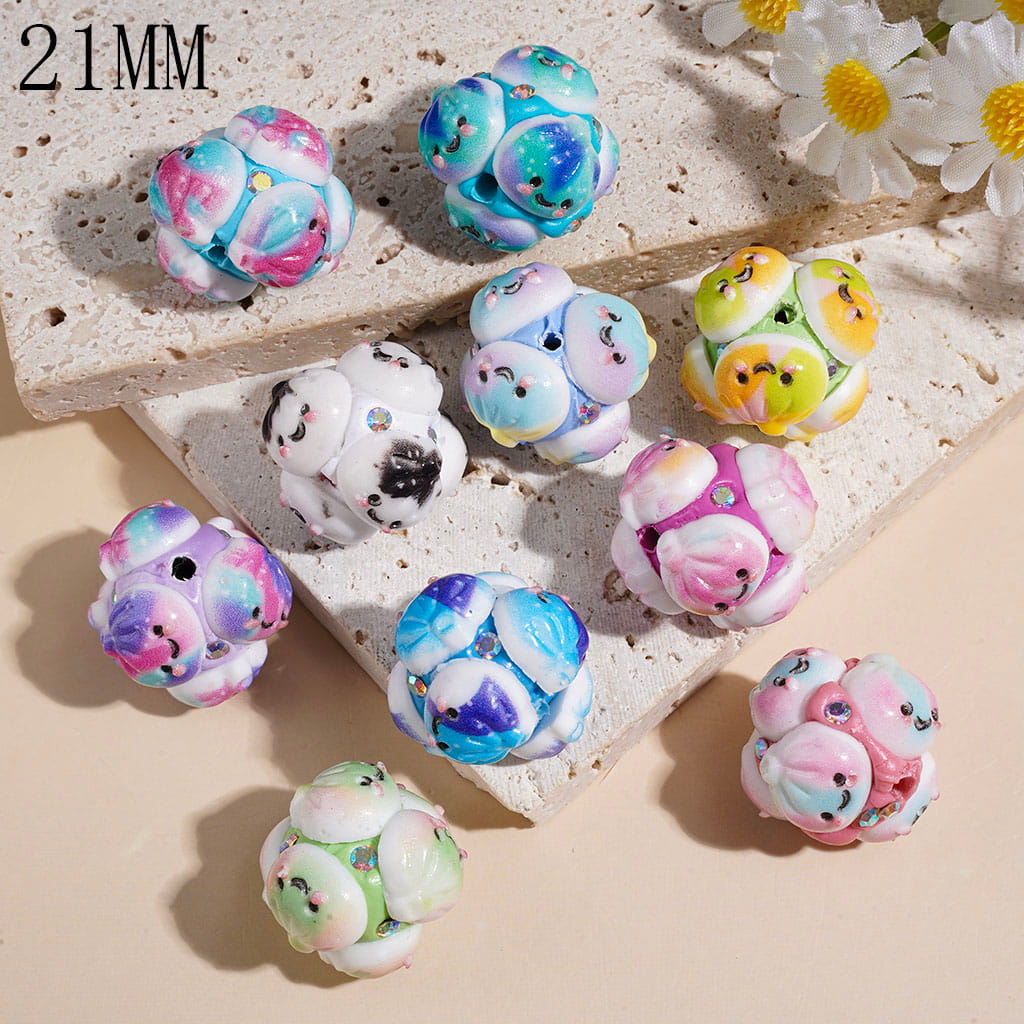 21MM - Clay Beads with Three-Color Gradient Dumpling and AB Rhinestones, Multi-Color, Random Mix