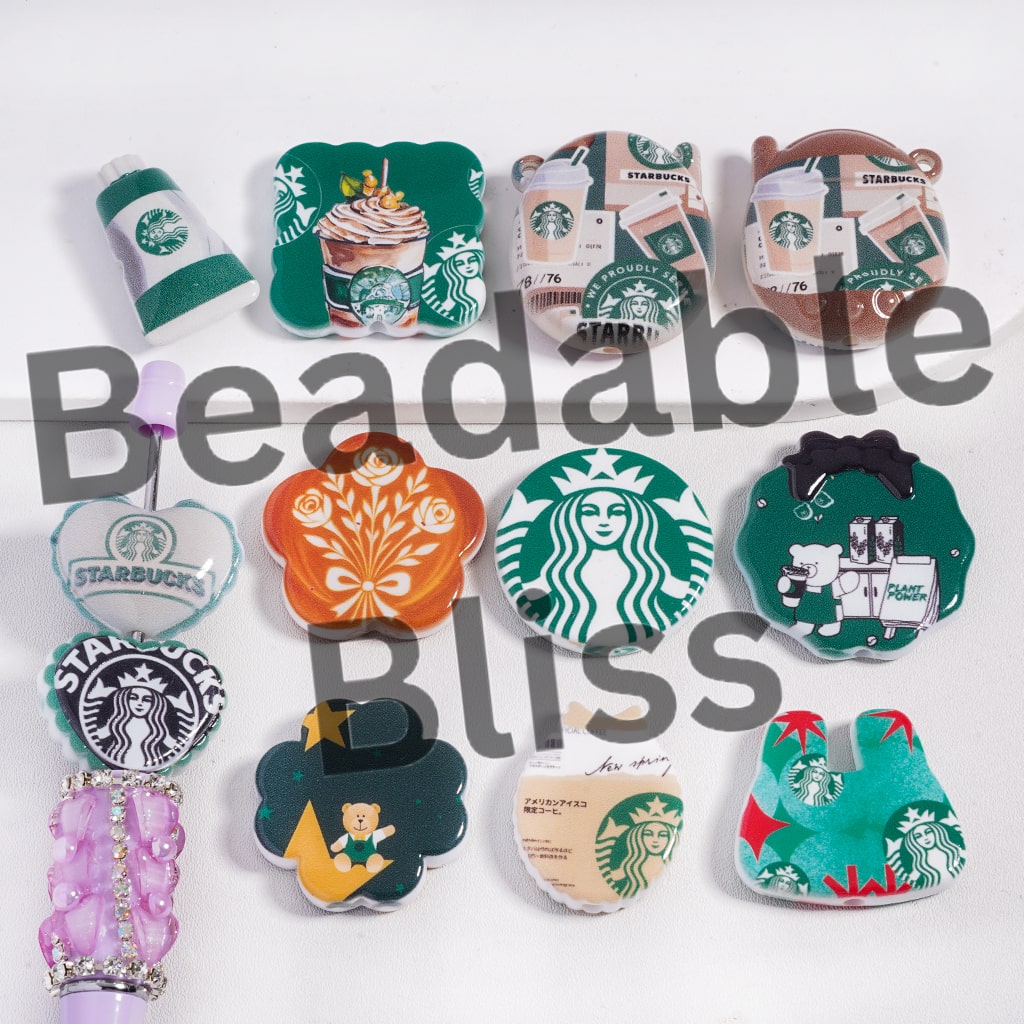 Acrylic Beads Pendant Coffee Series Double Side Prints, Various Designs & Shape, Random Mix