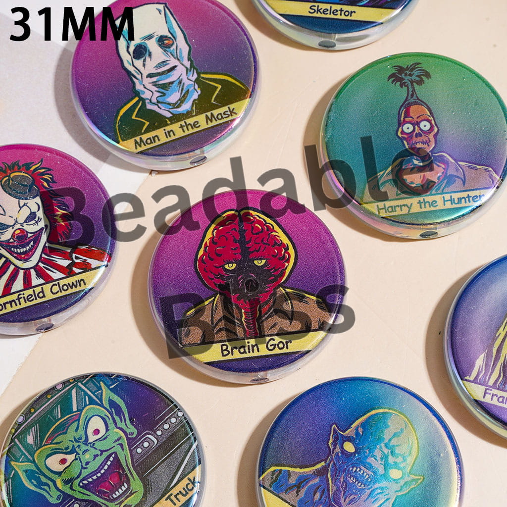 Halloween Horror Monster Pattern UV-Coated Acrylic Beads, Flat Round Shape, 31MM Random Mix