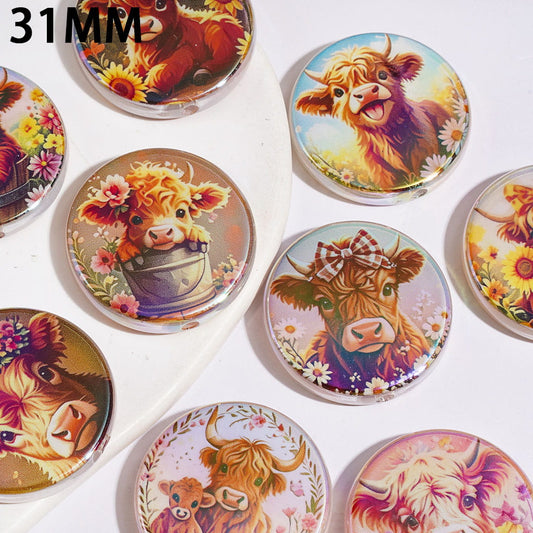 Highland Cow with Flower Series UV-Coated Acrylic Beads, Flat Round Shape, 31MM Random Mix