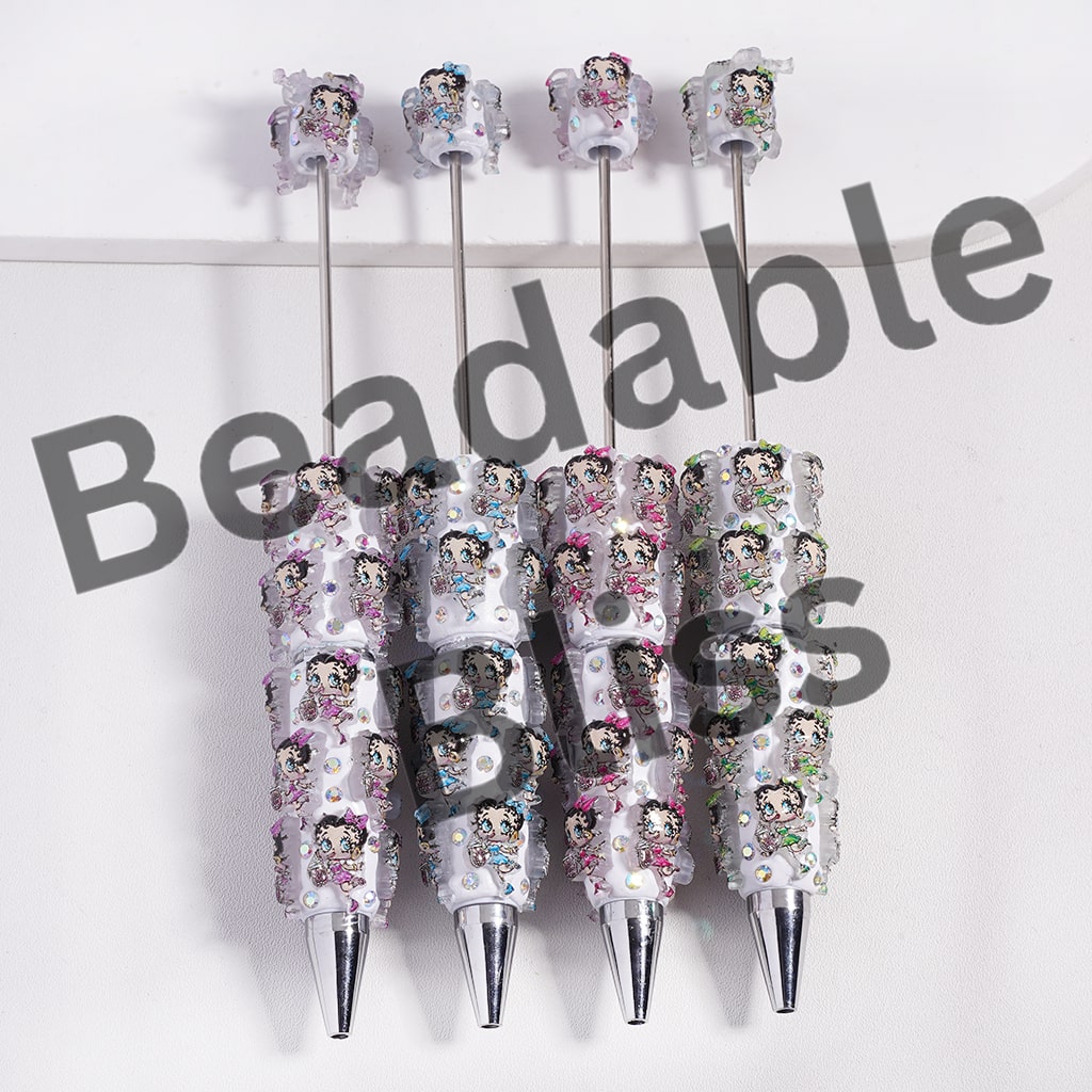 Beadable Clay Pen Old Girl Character Eating Ice-cream and AB Rhinestones, Random Mix