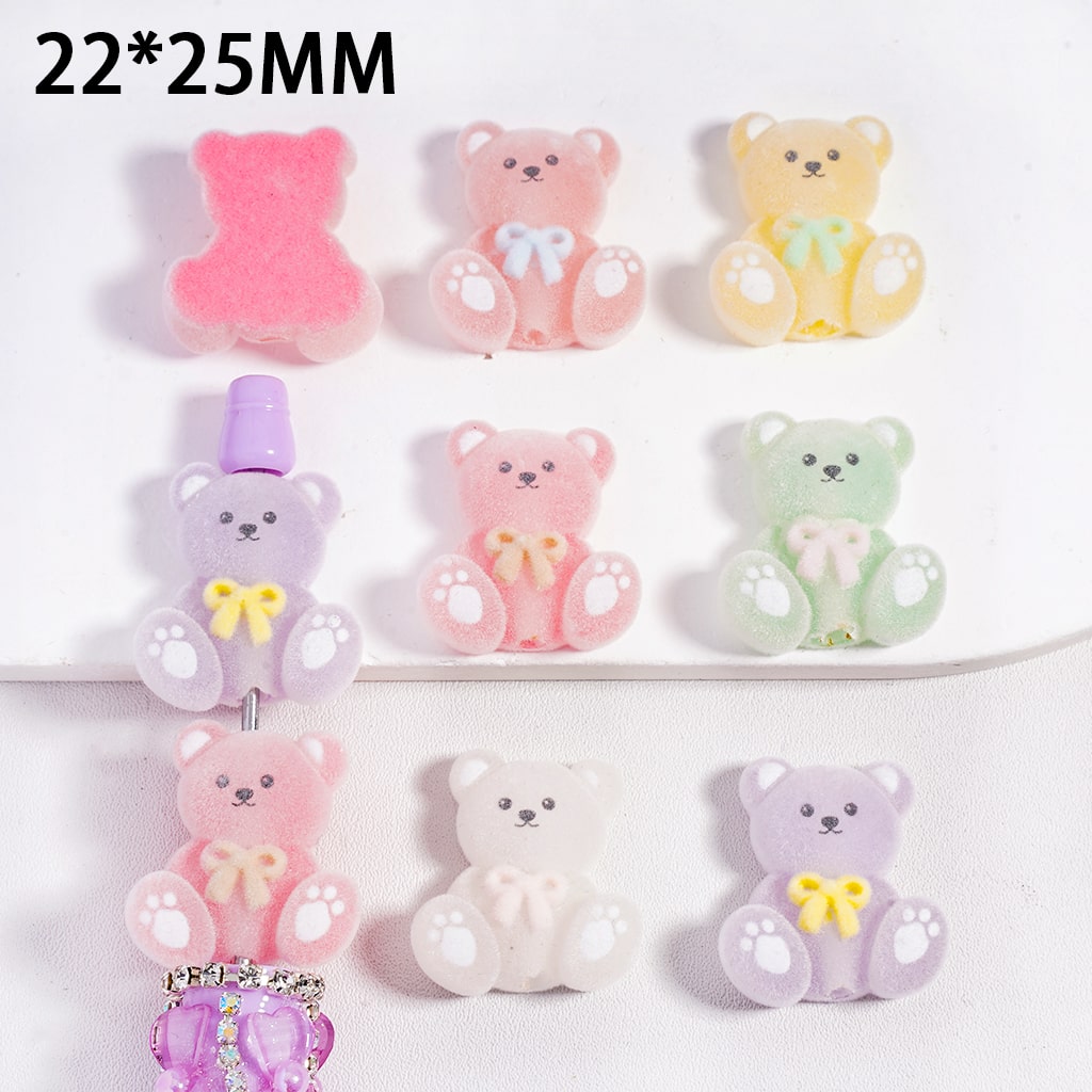 Acrylic Beads Flocked Fluffy Cute Bear Wearing Bowtie on Chest, 22*25MM, Multi-Color, Random Mix