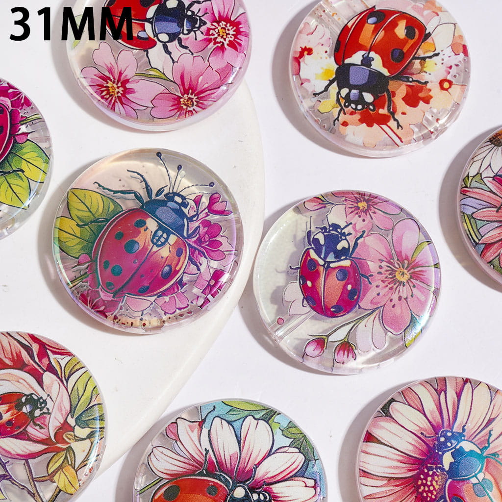 Ladybug with Flower Series UV-Coated Acrylic Beads, Flat Round Shape, 31MM Random Mix