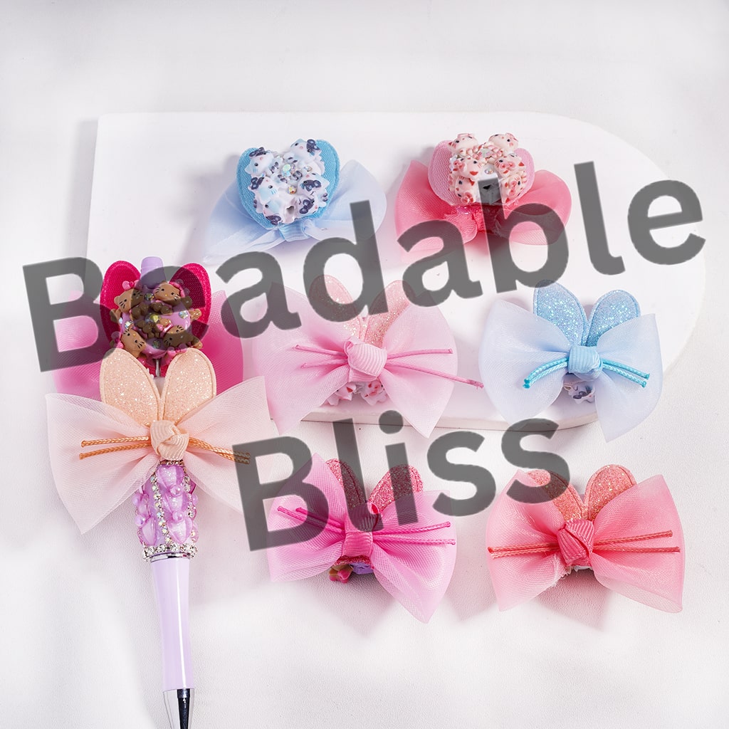 Clay Beads with Cute Cat Character, AB Rhinestones and Fabric Bowtie, Glittery, Multi-Color, Random Mix