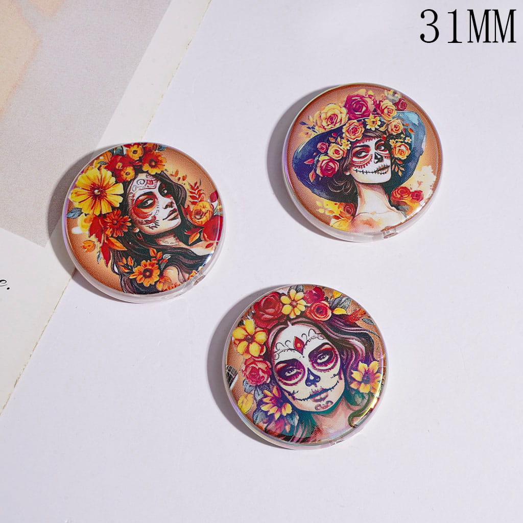 Acrylic Beads UV Coating with Skull Girl and Flower, 31MM, Day of the Dead, Flat Round Shape, Random Mix