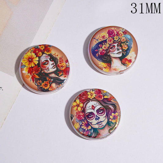Acrylic Beads UV Coating with Skull Girl and Flower, 31MM, Day of the Dead, Flat Round Shape, Random Mix