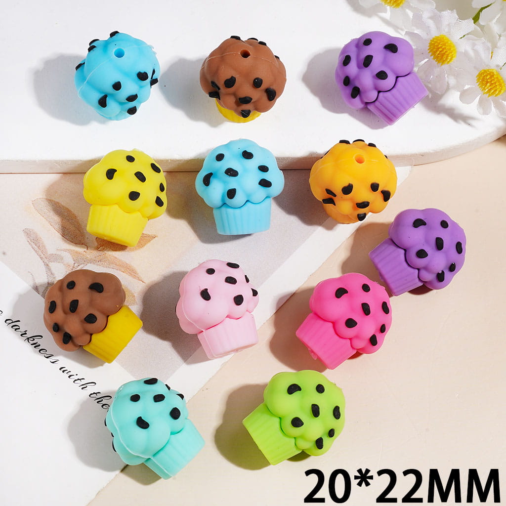 Silicone Focal Beads 3D Dessert Cupcake with Black Spots, 20*22MM, Assorted Colors
