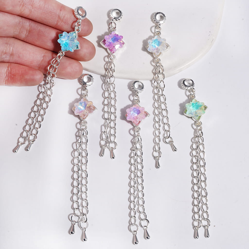 Alloy Bail Loop Beads with Charm Pendants Shiny Snowflake Crystal, Four Leaf Clover Design with Metal Tassel Chains, Length 95MM, Multi-Color, for Earring Jewelry Accessories