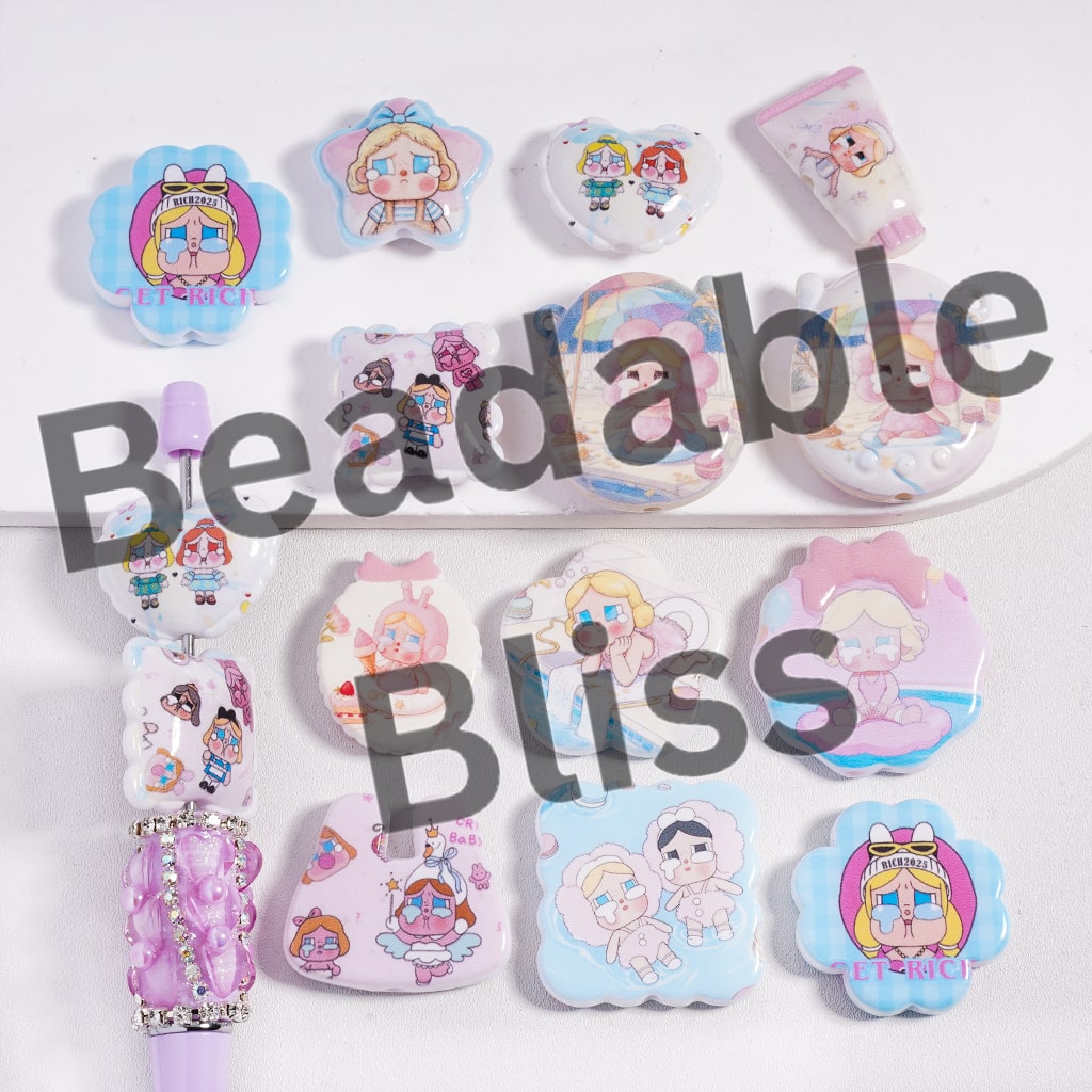 Acrylic Beads Pendant Weepy Girl Series Double Side Prints in Various Designs and Shapes, Random Mix