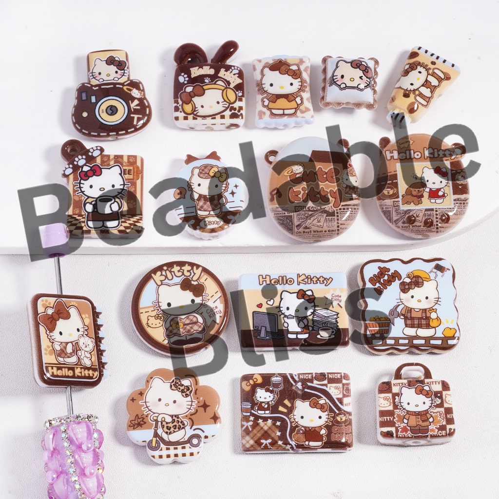 Acrylic Beads Pendant Cute Cat Series Double Side Prints in Various Brown Designs, Random Mix