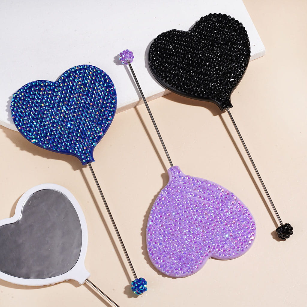 DIY Beadable Heart Shape Mirror with Sparkling AB Rhinestones, Hand-Held Make Up Mirror, 162MM Long, Multi-Color