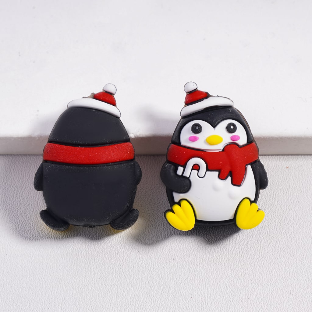 Silicone Focal Beads 3D Christmas Theme Penguins Holding Candy Cane with Hat and Scarf