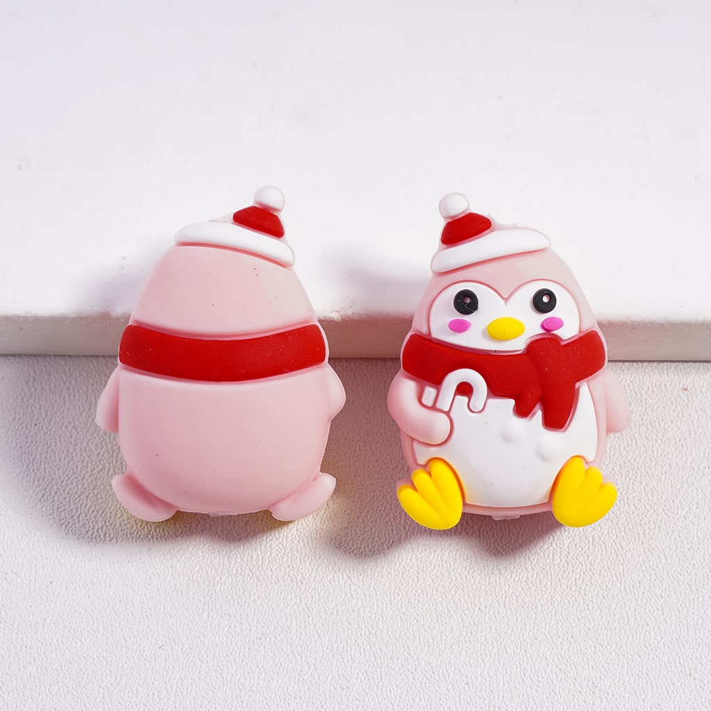 Silicone Focal Beads 3D Christmas Theme Penguins Holding Candy Cane with Hat and Scarf