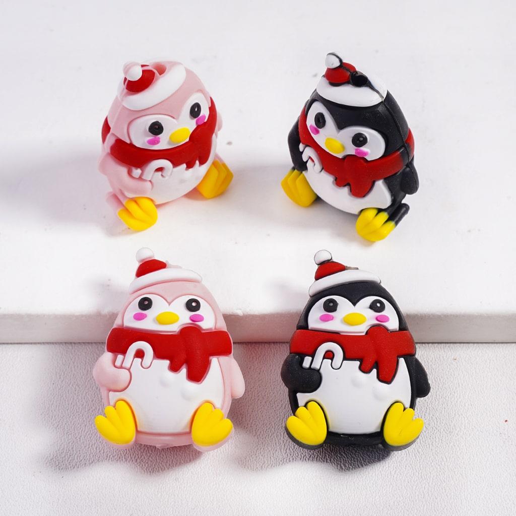 Silicone Focal Beads 3D Christmas Theme Penguins Holding Candy Cane with Hat and Scarf