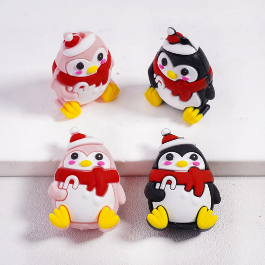 Silicone Focal Beads 3D Christmas Theme Penguins Holding Candy Cane with Hat and Scarf