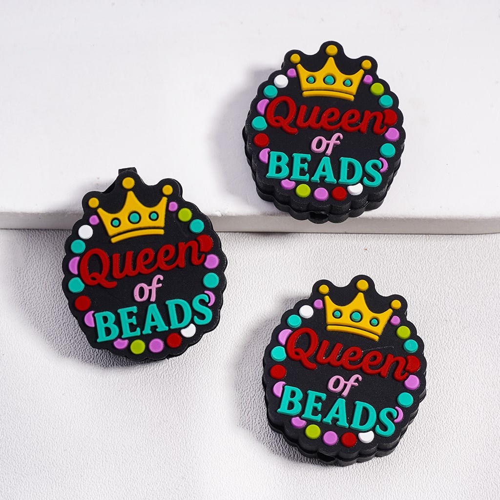 Silicone Focal Beads with Text "Queen of Beads" and Yellow Crown and Polka Dots in Various Colors